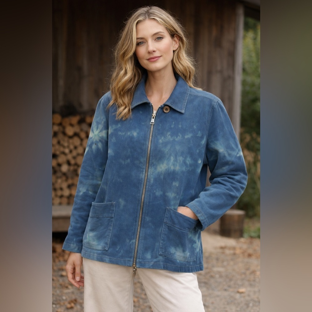 Casual Corner Blue Denim Barn Jacket Full Zip Tie‎ Dye Size L Made in USA Cotton